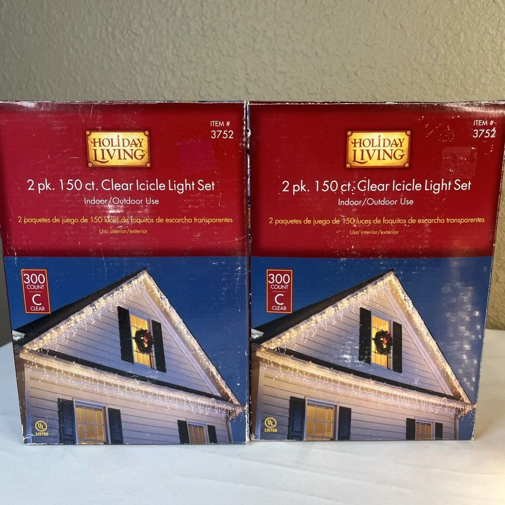 New- 2/ Holiday Living Icicle Lights 300 Each -Clear White Wire Christmas 17.7'